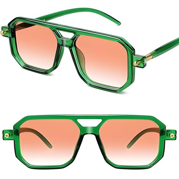 Retro Square Sunglasses Transparent Green Frame Gradient Orange Lenses UV400 - Picture 1 of 4